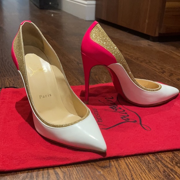CHRISTIAN LOUBOUTIN
White/Gold/Pink Leather & Glitter Tucsick 100 Pumps - Picture 3 of 7